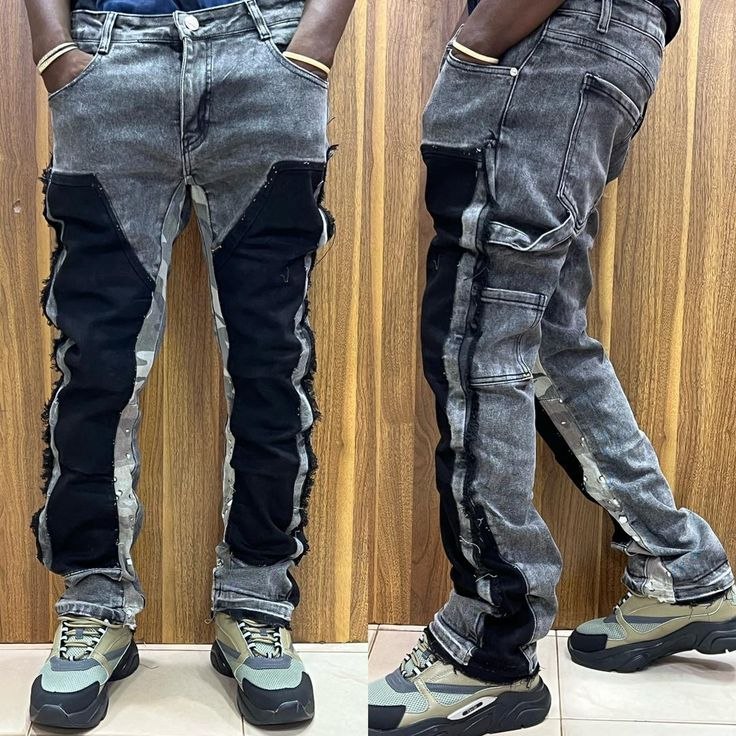 Acid-Wash Grey Triple-Panel Stacked Cargo Jeans